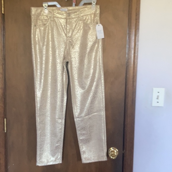 Relist2/20 Mid rise slim fit straight pant w metallic gold spatter print - Picture 7 of 16